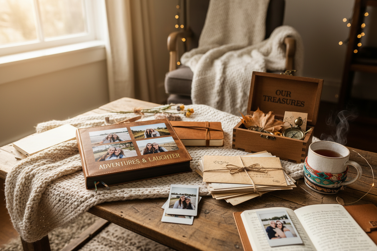 Homepage banner showing a warm, cozy flat‑lay arrangement of notebooks, a woven blanket, and a patterned mug on a rustic wooden table, with Salt & Spice Collective branding and a message about celebrating meaningful friendships and shared connections.